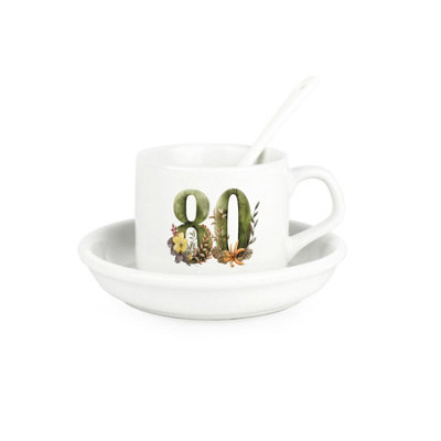 Purely Home Floral Age 80 Cup & Saucer Set With Spoon80Th Birthday/anniversary Gifts For HerCeramic White Mug Coffee/tea Hot Drinks from B&Q