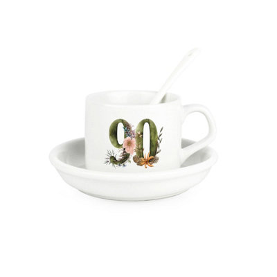 Purely Home Floral Age 90 Cup & Saucer Set With Spoon90Th Birthday/anniversary Gifts For HerCeramic White Mug Coffee/tea Hot Drinks from B&Q