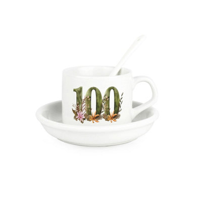 Purely Home Floral Age 100 Cup & Saucer Set With Spoon100Th Birthday/anniversary Gifts For HerCeramic White Mug Coffee/tea Hot Drinks from B&Q