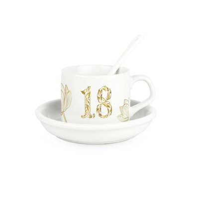 Purely Home Golden Flowers Age 18 Cup & Saucer Set With Spoon18Th Birthday/anniversary Gifts For HerCeramic White Mug Coffee/tea Present from B&Q