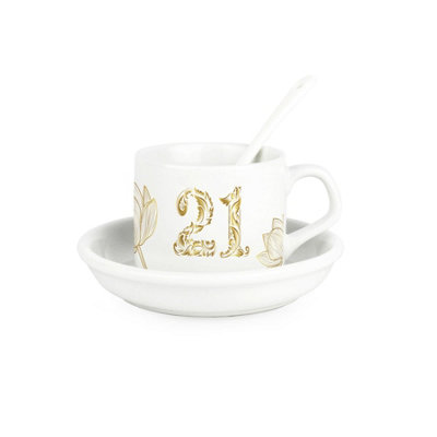 Purely Home Golden Flowers Age 21 Cup & Saucer Set With Spoon21St Birthday/anniversary Gifts For HerCeramic White Mug Coffee/tea Present from B&Q