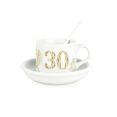 Purely Home Golden Flowers Age 30 Cup & Saucer Set With Spoon30Th Birthday/anniversary Gifts For HerCeramic White Mug Coffee/tea Present from B&Q