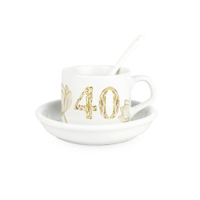 Purely Home Golden Flowers Age 40 Cup & Saucer Set With Spoon40Th Birthday/anniversary Gifts For HerCeramic White Mug Coffee/tea Present from B&Q