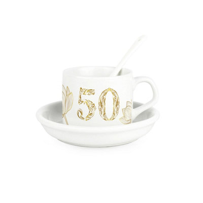 Purely Home Golden Flowers Age 50 Cup & Saucer Set With Spoon50Th Birthday/anniversary Gifts For HerCeramic White Mug Coffee/tea Present from B&Q