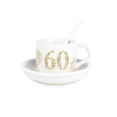 Purely Home Golden Flowers Age 60 Cup & Saucer Set With Spoon60Th Birthday/anniversary Gifts For HerCeramic White Mug Coffee/tea Present from B&Q