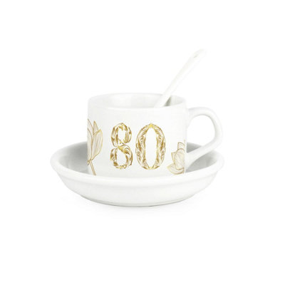 Purely Home Golden Flowers Age 80 Cup & Saucer Set With Spoon80Th Birthday/anniversary Gifts For HerCeramic White Mug Coffee/tea Present from B&Q