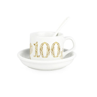 Purely Home Golden Flowers Age 100 Cup & Saucer With Spoon100Th Birthday/anniversary Gifts For HerCeramic White Mug Coffee/tea Present from B&Q