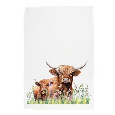 Purely Home Highland Cow & Calf Tea TowelPanama Cotton Farm Animals Kitchen Gift from B&Q