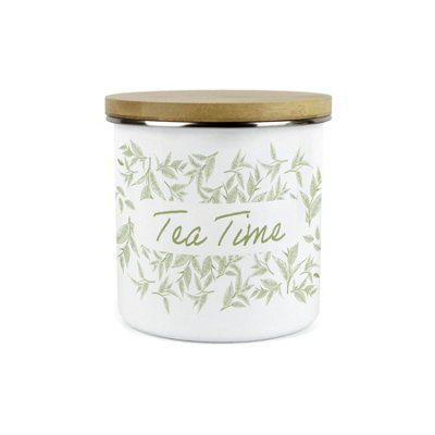 Purely Home Tea Time Storage CanisterGreen Tea Leaves Artistic PresentWhite Metal/enamel Tea Storage Container Kitchen Gift from B&Q