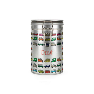 Purely Home Campervans Decaf Canister - Gifts For Campervan Owners - Silver Metal Clip Lid Kitchen Storage Container 600Ml (14Cm X 8.5Cm)