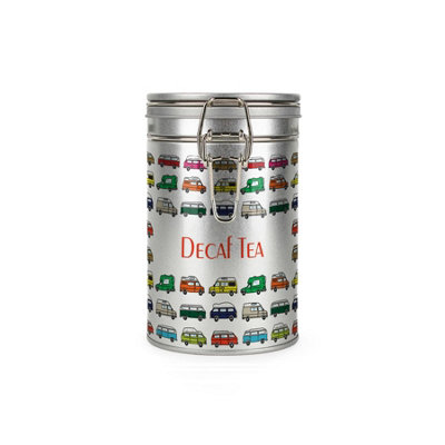 Purely Home Campervans Decaf Tea Canister - Gifts For Campervan Owners - Silver Metal Clip Lid Kitchen Storage Container 600Ml (14Cm X 8.5Cm)