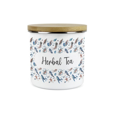 Purely Home Sea Art Herbal Tea Storage CanisterCoastal Creatures Sea Animals & Shellfish PresentsMetal Enamel Storage Container Gift from B&Q