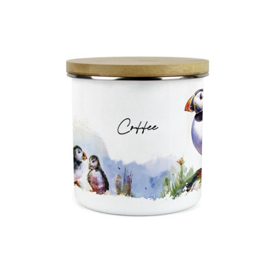 Purely Home Puffins On The Rocks Coffee Storage CanisterCoastal Sea Birds Homewares PresentsMetal Enamel Storage Container Gifts from B&Q