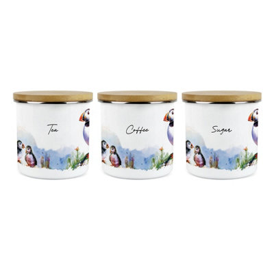 Purely Home Puffins On The Rocks TeaCoffee & Sugar Storage CanistersCoastal Sea Birds Homewares PresentsMetal Enamel Storage Container from B&Q