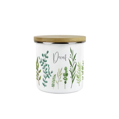 Purely Home Green Leaves Decaf Storage CanisterVibrant Foliage Kitchen Decor GiftMetal/enamel Hot Drinks Storage Container from B&Q