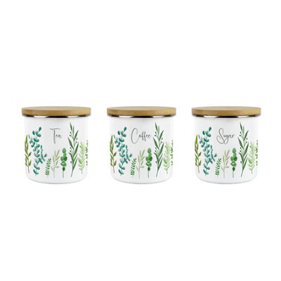 Green Leaves Tea, Coffee & Sugar Canisters Set - Kitchen Medium Enamel Jar Gift - Image 3