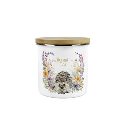 B&Q -  Floral Hedgehog Herbal Tea Storage CanisterWildlife Creatures & Foliage GiftsWhite Enamel Medium Kitchen Storage Container