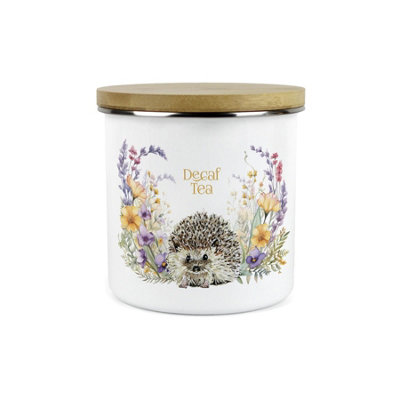 B&Q -  Floral Hedgehog Decaf Tea Storage CanisterPretty Wildlife & Foliage GiftsLarge Enamel Hot Drinks Kitchen Storage Container