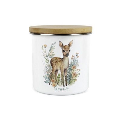 Purely Home Baby Deer Sugar Storage Canister - Wildlife Nature Themed Homewares Presents - Metal Enamel Storage Container Kitchen Gifts