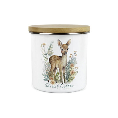 Purely Home Baby Deer Decaf Coffee Storage Canister - Wildlife Nature Themed Homewares Presents - Metal Enamel Storage Container Kitchen Gifts