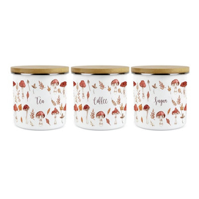 Purely Home Watercolour Mushrooms Tea Coffee Sugar Canisters Set - Autumnal Leaves & Toadstools Seasonal Homewares Kitchen Gift - Enamel Hot Drinks/Food Storage Container Set of 3 - Image 5