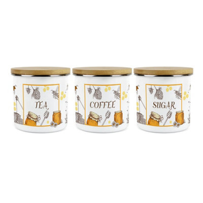 Purely Home Honey Bees Tea Coffee Sugar Canisters SetBeehives & Honey Bumblebee GiftEnamel Storage Containers from B&Q