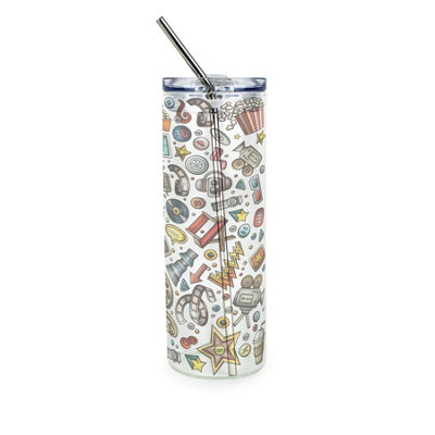 Purely Home Cinema Montage Glass Travel FlaskFilm Movie & Theatre Fans GiftClear Glass Drinks Cup With Lid & Stainless Steel Metal Straw from B&Q