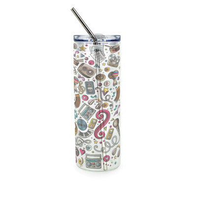 B&Q -  Music Themed Glass Travel FlaskMusical Instrument Gift For Music FansClear Glass Drinks Cup With Lid & Stainless Steel Straw