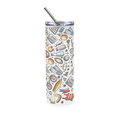B&Q -  Sports Montage Glass Travel FlaskExercise/sports Themed GiftFrosted Glass Drinks Cup With Lid & Stainless Steel Metal Straw