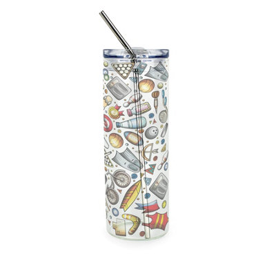 B&Q -  Sports Themed Glass Travel FlaskExercise/sports Hobbies Themed GiftClear Glass Drinks Cup With Lid & Stainless Steel Straw