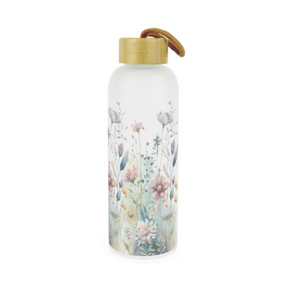 Purely Home Pastel Flowers Glass Water BottleFloral Gifts For HerFrosted Glass Drinks Bottle With Wooden Screw Lid & Hanging Loop from B&Q