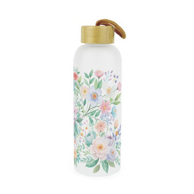 Purely Home Flower Bouquet Glass Water BottleMulticoloured Floral GiftFrosted Glass Drinks Bottle With Wooden Screw Lid & Hanging Loop from B&Q