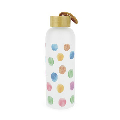 Purely Home Polka Dots Glass Water BottleMulticoloured Spotty GiftsFrosted Glass Drinks Bottle With Wooden Screw Lid & Hanging Loop from B&Q