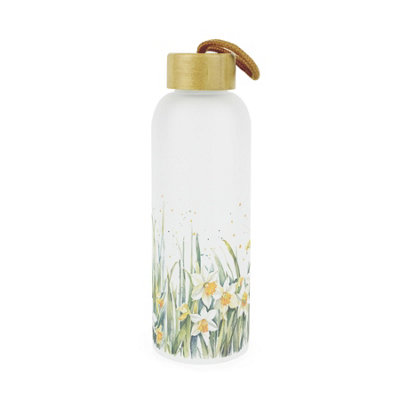 Purely Home Daffodils Glass Water BottleSpring Time Floral Gift For HerFrosted Glass Drinks Bottle With Wooden Screw Lid & Hanging Loop from B&Q