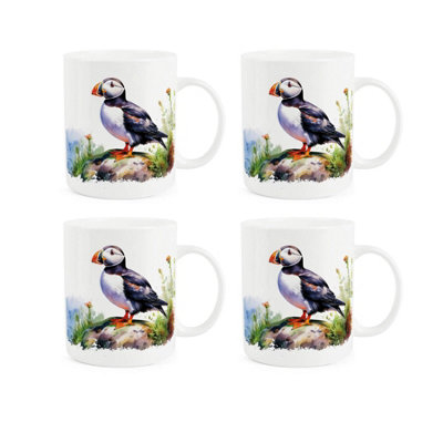 Purely Home Seaside Puffins Bone China MugsSet Of 4