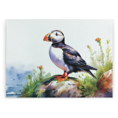 Purely Home Puffin Large Smooth Glass Worktop ProtectorCoastal Birds Kitchen Chopping Board from B&Q