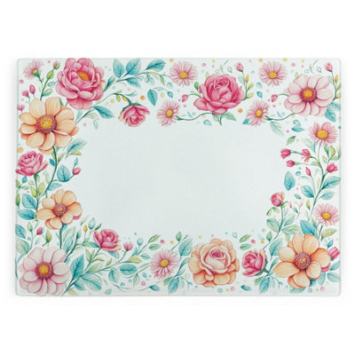 B&Q -  Pink Flower Border Large Smooth Glass Worktop SaverFloral Kitchen Chopping Board