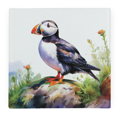 Purely Home Coastal Puffin Large Square Worktop ProtectorSmooth Glass Chopping Board from B&Q