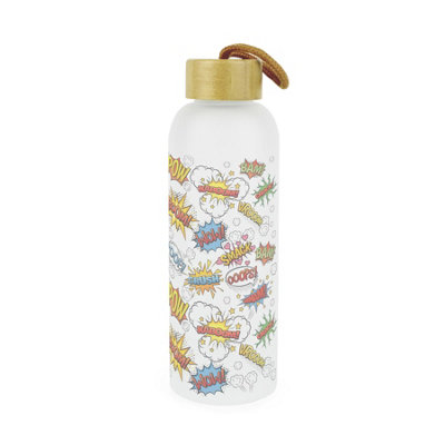 Purely Home Comic Pop Art Glass Water BottleMulticolour Retro GiftFrosted Glass Drinks Bottle With Wooden Screw Lid & Hanging Loop from B&Q