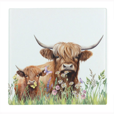 Purely Home Highland Cow & Calf Large Square Worktop ProtectorSmooth Glass Chopping Board from B&Q