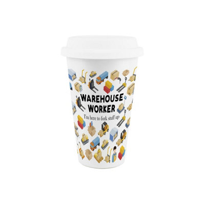 Purely Home Warehouse Worker Ceramic Travel MugNovelty Tradies Gifts/new Job PresentsDouble-Walled Insulated Hot/cold Drinks Cup from B&Q