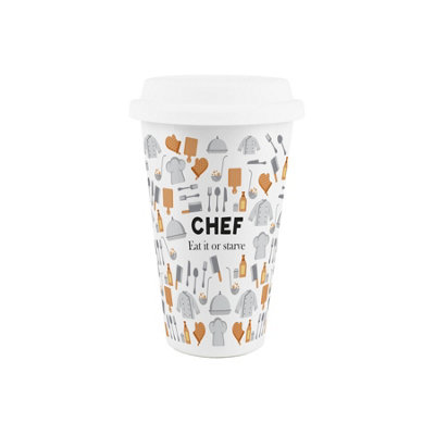 B&Q -  Chef Ceramic Travel MugNovelty Trades Gifts For CooksDouble-Walled Insulated Hot/cold Drinks Cup Present