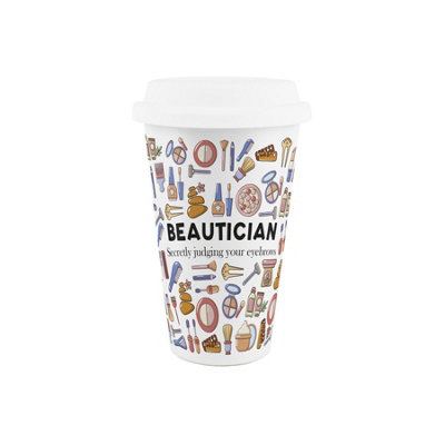 Purely Home Beautician Ceramic Travel Mug - Novelty Makeup & Beauty Job Gifts - Double-Walled Insulated Hot/Cold Drinks Cup Present