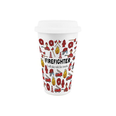 B&Q -  Firefighter Ceramic Travel MugNovelty Trades & Emergency Service Workers GiftsDouble-Walled Insulated Drinks Cup Present