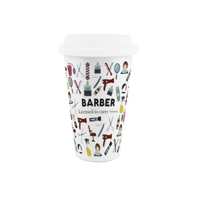 Purely Home Barber Ceramic Travel Mug - Novelty Hairdresser Gifts/New Job Presents - Double-Walled Insulated Hot/Cold Drinks Cup