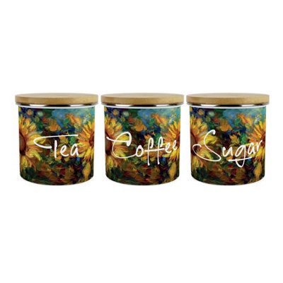 Purely Home Painted Sunflowers Tea Coffee & Sugar Storage Canisters SetVan Gogh Inspired Floral Artwork Enamel Kitchen Containers from B&Q