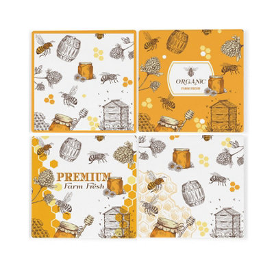 Purely Home Honey Bees Ceramic Coaster SetBeehives & Bumblebees Gift Golden Yellow Square Set Of Four (4) Coasters from B&Q