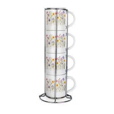 Purely Home Wildflowers Stacking Mugs - Pretty Floral Ceramic Tea/Coffee Cups - Drinkware Mug Gift Set With Metal Stand/Holder Set Of 4 Cream