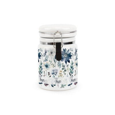Purely Home Blue Pastel Flowers Tea CanisterPretty Watercolour Floral GiftsCeramic Kitchen Storage Container With Clip Lid 400Ml from B&Q