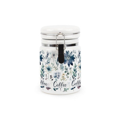 Purely Home Blue Pastel Flowers Coffee CanisterPretty Watercolour Floral GiftsCeramic Kitchen Storage Container With Clip Lid 400Ml from B&Q